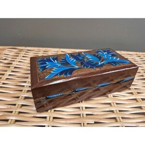 Vintage Hand Painted Wooden Trinket Box Blue Floral Jewelry Keepsake Storage